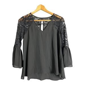 By & By Black Sheer Bell Sleeve Womens Blouse Shirt Top S Small Lace Trim